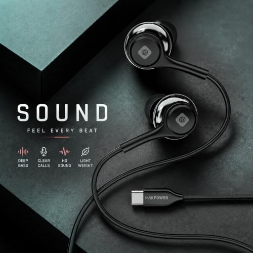 Image of MAKPOWER Type C Wired Earphone with in Line HD Microphone & Volume Controller, Heavy Bass, HD Audio, 120 cm Tangle-Free Cable Compatible with, Android Smartphones & All Type-c Mobiles (Active Black)