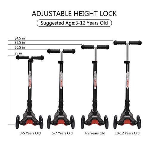 ChromeWheels Scooters for Kids, Deluxe Kick Scooter Foldable 4 Adjustable Height 132lbs Weight Limit 3 Wheel, Lean to Steer LED Light Up Wheels, Best Gifts for Girls Boys Age 3-12 Year Old, Black