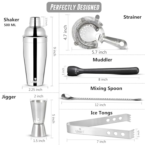 Image of Unify 6 Pieces Stainless Steel Bartender Kit | Premium Cocktail Shaker Set for Home Bar & Parties | Includes Peg Measurer 30 /60ml, Bar Spoon, Ice Tong, Muddler, Strainer | Professional Bar Tool Set