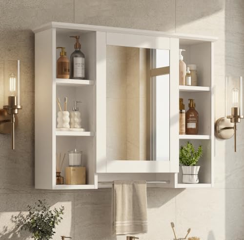Bathroom Wall Cabinet with Mirror & Towel Bar, 3 Adjustable Shelves, White