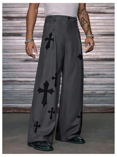 Verdusa Men's Cross Print Wide Leg Dress Pants Streetwear Baggy Trousers with Pockets3