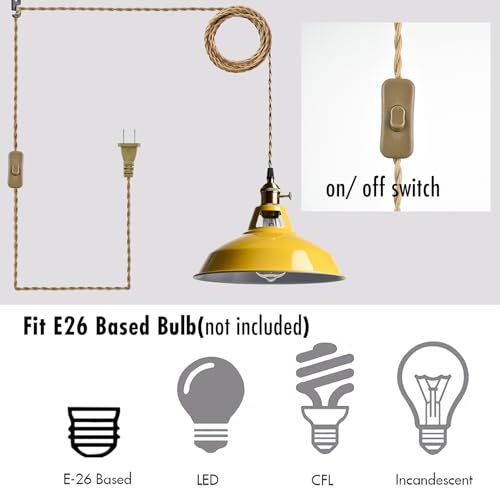Image of YUBOLE Nordic Plug in Hanging Pendant Light with Yellow Metal Barn Shade