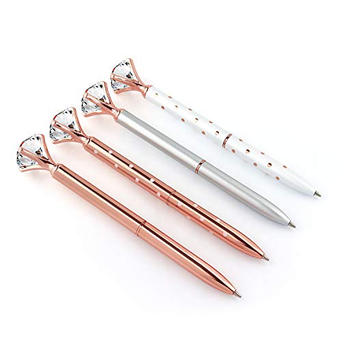 4 Pcs Bling Big Crystal Diamond Ballpoint Pen Metal Ballpoint Pens For Office Supplies Gift, Rose Gold/Silver/White With Rose Polka Dots/Rose Gold With White Polka Dots, Includes 4 Pen Refills #TOP1