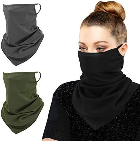 MoKo Scarf Mask Bandana with Ear Loops 3 Pack, Neck Gaiter Balaclava UV Sun Protection Face Mask for Dust Wind Outdoors Motorcycle Cycle Bandana Headband for Women Men, Army Green & Black & Dark Gray