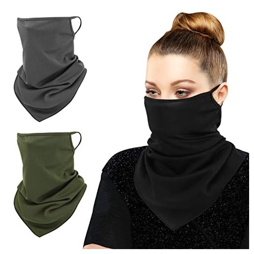 MoKo Scarf Mask Bandana with Ear Loops 3 Pack, Neck Gaiter Balaclava UV Sun Protection Face Mask for Dust Wind Outdoors Motorcycle Cycle Bandana Headband for Women Men, Army Green & Black & Dark Gray