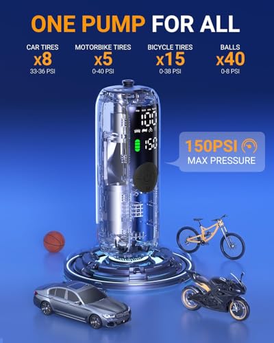 Woowind Bike Pump Portable Air Compressor, Auto Shut Off Tire Inflator,150PSI Fast Inflation Air Pump for Car, Bikes, Motorcycles, Balls - Digital Pressure Gauge — view 6