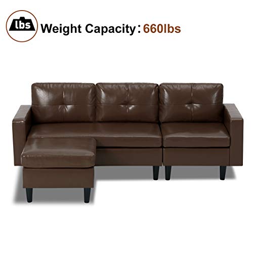 YODOLLA Convertible Sectional Sofa Couch, L-Shaped Sofa Couch with Modern Faux Leather, Dark Brown Sectional for Small Space