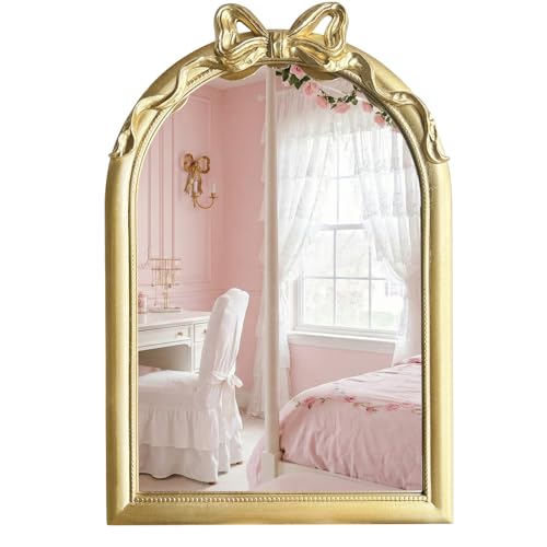 Image of 36x24 Arched Gold Bow Wall Mirror, Vintage Vanity Mirror for Bathroom & Bedroom Decor, Antique French Style Engineered Wood Frame with Ribbon Knot, Cute Coquette Aesthetic