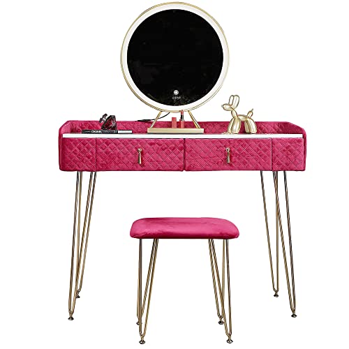 CARME Tokyo Glow Coiffeuse rembourrée en Velours matelassé avec lumières LED tactiles et 2 tiroirs, Tabouret, siège, Table de Maquillage, Meubles de...