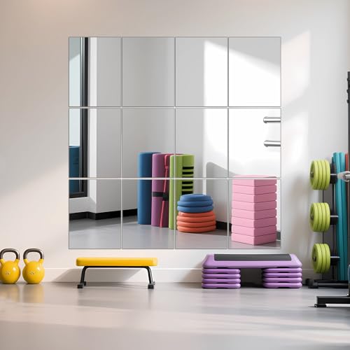 Image of Ruomeng Home Gym Mirror Tiles - 12 inch x 16 inch x 12Pcs Frameless Full Length Wall Mirror Tiles Wall Mounted Mirror for Vanity Bedroom, Living Room