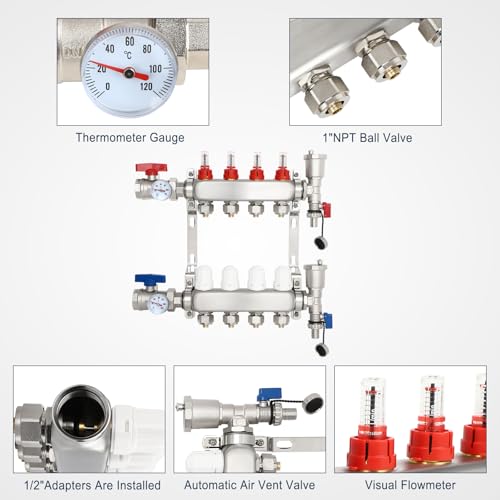 Image of Dollate 4 Loops Pex Manifold Radiant With 1 /2 inch Adapter Floor Heating Set Stainless Steel Heated Hydronic Heating