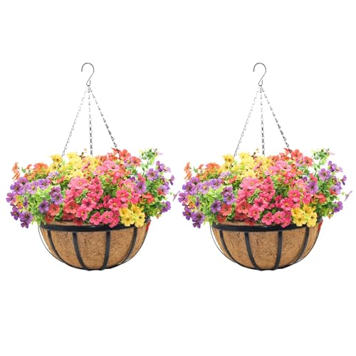 ZVOWOS Cesta colgante de metal de hierro negro de 12 pulgadas con forro de coco (paquete de 2) macetas colgantes para plantas al aire libre, cestas colgantes para plantas, macetas para terraza, patio,
