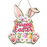 GMEMNOV Wooden Easter Wreath for Front Door - Rustic Hollow Bunny Door Sign Farmhouse Easter Decorations for Home Wall Indoor Outdoor Spring Decorations Easter Supply