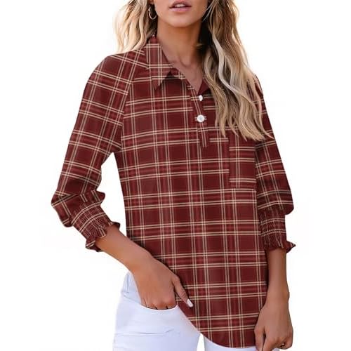 Kistore Women Blouses 3/4 Sleeve Button Down Shirts Smocked Cuffed Business Dressy Casual Tops with Pocket S-XXL