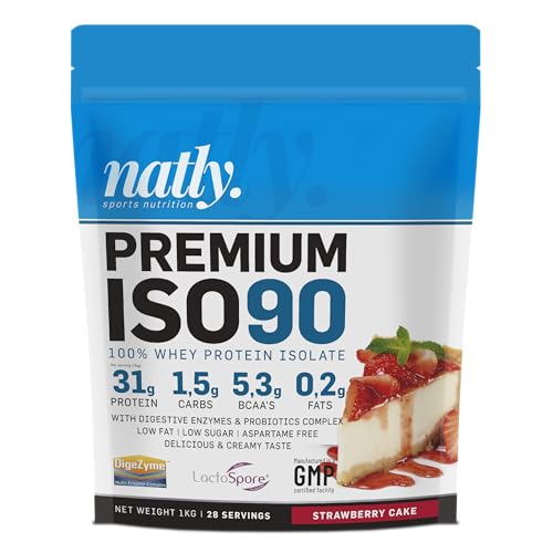 NATLY PREMIUM ISO90 PROTEIN 1kg | Aislado de Proteína de Suero de Leche con DigeZyme® y LactoSpore® | 29g de Proteína por dosis | Sabor Fresa/Strawberry cake