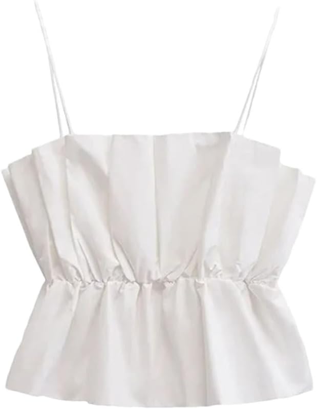 Women’S Casual Pleated Shoulder Backless Sexy Crop Top Commute Minimalist Basic Tank Pullover