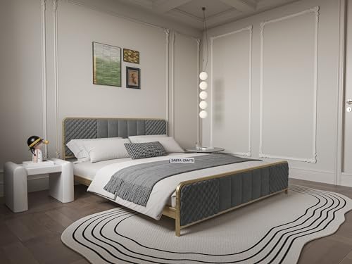 Image of Modern Upholstered King Size Bed for Bedroom | Metal Double Bed | Platform Cot Bed with Upholstery Premium Fabric | 6.5 x 6 Ft | Powder Coated Metal Bed | Grey