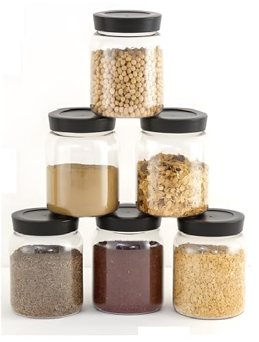 Image of Airtight Kitchen Container & Jar Dibba Set of 6 with Black Lid | Multipurpose Plastic Pantry Organizer Jars | Masala & Spice Box for Grocery, Dry Fruits, Snacks & More (500 ML)