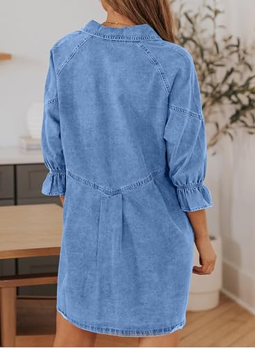 Image of Sidefeel Womens Smocked 3 4 Sleeve Button Down Denim Jeans Dresses