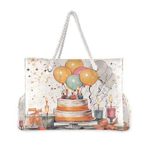 Happy Birthday Pattern Beach Bag & Travel Tote Bag Large Sandproof with Zipper Closure, Wet Pouch for Swim Gym Travel2