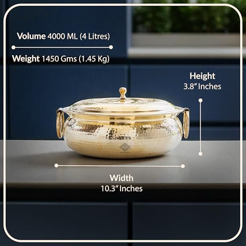 Image of INDIAN ART VILLA Brass Degchi with Hammered Design & Tin Lining, Traditional Cookware for Slow Cooking, Serving Curries, Biryanis, and Festive Meals, 4000 ML