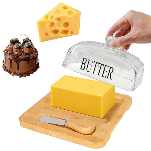 Butter Dish with Lid for Countertop and Fridge,Glass Butter Keeper with Knife,Butter Cheese Holder Tray,Dessert & Pastry Serving Platter Container