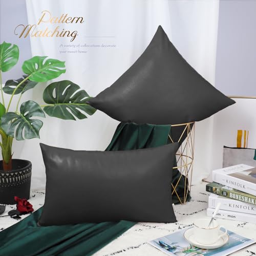 Image of BRAWARM Pack of 2 Cozy Bolster Pillow Covers Cases for Couch Sofa Bed Solid Faux Leather Soft Luxury Cushion Covers Both Sides Home Decoration 12 X 20 Inches Charcoal Gray