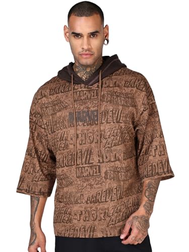 Image of Bewakoof Official Marvel Merchandise Men's All Over Printed Oversized Fit Extended Sleeve Hooded Pure Cotton T-Shirt