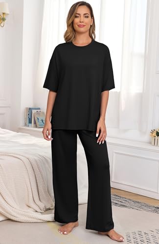 PrinStory Womens Pajamas Sets 2 Piece Lounge Set Short Sleeve Tops and Long Pants Soft Pjs Loungewear with Pockets2