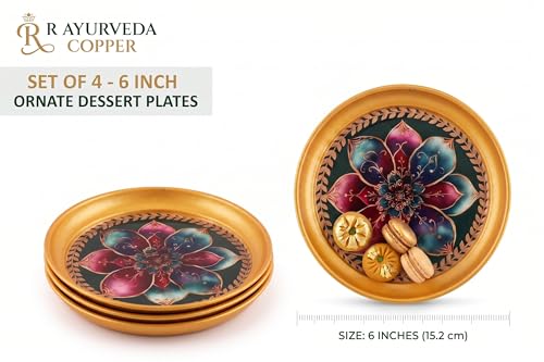 Image of R Ayurveda Copper Metal Set of 4 Ornate Dessert Serving Plates - 6 Inch Decorative Enamel & Gold Foiled Finish Trays - Perfect for Indian Sweets, Macarons, Festivals & Family Parties