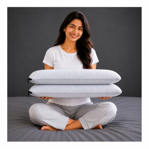 Image of Premium Knitted Fabric Memory Foam Bed Pillow, Standard Size 25 x 17 Inches, Orthopedic Neck Support Pillow with Removable Washable Zipper Cover, Grey Set of 2