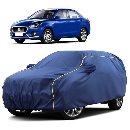 Image of Sulfar 100% Water Resistant Car Body Cover Compatible with Mirror for Maruti Suzuki Swift Dzire (Triple Stitched, Full Bottom Elastic, Blue Taffeta with Yellow Piping)