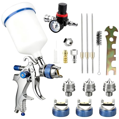 Ftemglo HVLP Pistola per Verniciare, Pistola a Spruzzo per Verniciare Professionale con 3 Ugelli 1,4mm 1,7mm 2,0mm, Serbatoio a Gravità 600 ml, Pistola Vernice a Spruzzo per Auto, Mobili, Legno