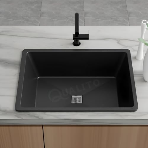 Image of QUALITO Quartz Kitchen Sink | 16x18x9 Inch, 10 mm Thickness | Single Bowl Granite Sink with Waste Coupling & Pipe | Easy to Clean, Sound & Heat Proof and Non Fading Colour (Black)