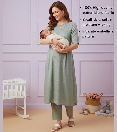 Image of DUMMY SHAPE Feeding Dresses for Women Full Set | Cotton Blend Maternity Kurta Pant Suit with Dual Nursing Zippers, Side Pocket to Pre & Post Pregnancy | Mom to Be Gifts