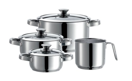 Domestic Josef Mäser 926303 Top Selection Varuna - Juego de 3 ollas con Tapa y un cazo (Acero, plástico y Cristal, 1 x 24 cm, 1 x 20 cm, 1 x 16 cm, 1 x 14 cm)