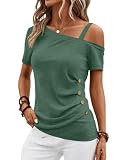 EasyGala Womens Off Shoulder Tops Summer Asymmetrical Shirts Short Sleeve Button Ruched Blouses 2025 Green Medium
