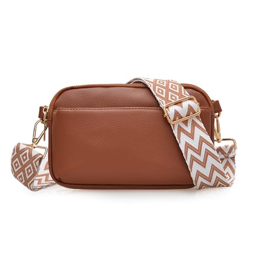 Bolsas transversais com zíper triplo para mulheres, bolsas de couro vegano, bolsas de ombro pequenas com alça larga, Marrom, Bolsas transversais com zíper triplo