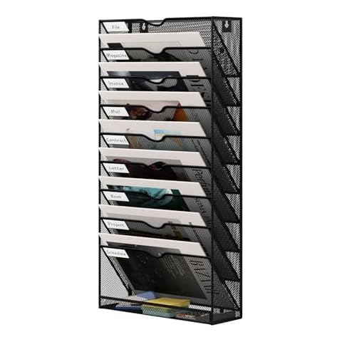 Senhoglb 10 Pockets Mesh Hanging Wall File Holder, Metal Wall File Organizer, Hanging File Organizer for Office, Mail Organizer Wall Mounted, Convenient Office Organization, Black Cover