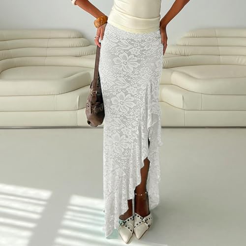 Women's Lace Long Skirts Sheer Lace High Waist Skirts Summer Fashion Irregular Ruffles Cover Up Bodycon Skirts2