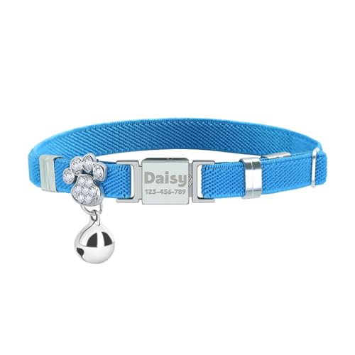 Personalized Safety Elastic Cat Collars with Bell,Laser Customized Stretch Kitten Collars for Girls Boys Cats-Sky Blue