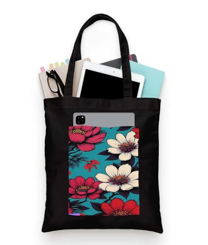 Image of ZORI Black Tote Bag With Pocket Printed Designed Canvas Tote Bags For Women large capacity,Tote bag For Shopping, College, Travel, More Canvas Handbag For Unisex Bag