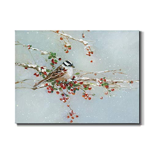 Renditions Gallery Canvas Abstract Wall Art Home Paintings & Prints Artwork Innocent Winter Woodpecker Glam Wall Hanging Snowy Modern Decorations for Bedroom Office Kitchen - 32"x48" LT20