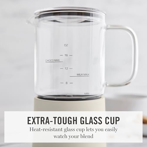 Image of Martha Stewart Milk Frother and Steamer, 10oz /300ml Glass Cup, 4 Presets (Cold Foam, Light, Dense & Hot Chocolate), Ready in 90 Seconds, Cordless Pouring, One-Touch for Hot and Cold Milk, Linen Cream