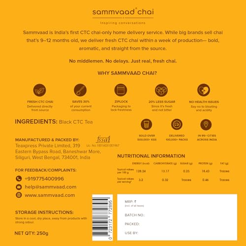 Image of Sammvaad Premium Kadak CTC Chai - 250g | Strong & Aromatic Assam Tea | Graded CTC Tea for Rich Flavor | Makes 135 Cups | Freshness Sealed Pack