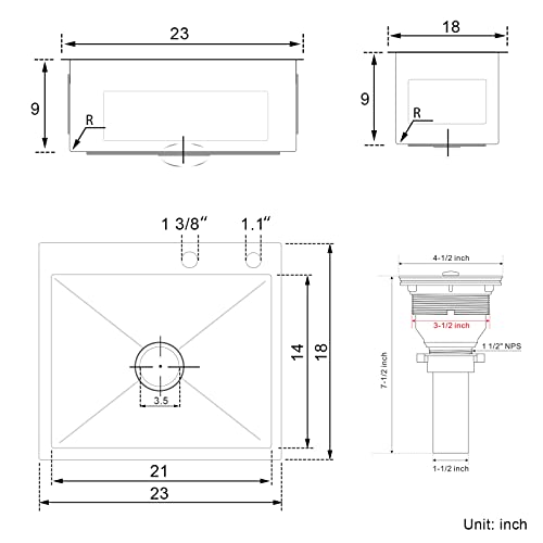 Ougoo 23 X 18 Inch Drop-In Tight Radius Brushed Stainless Steel Topmount Kitchen Sink Single Bowl #TOP6
