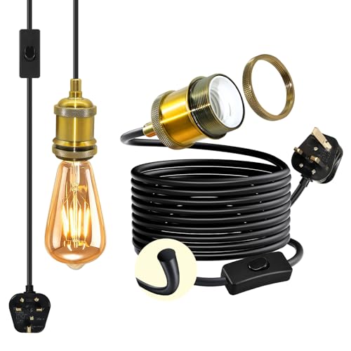Vintage Brass Pendant Light Fitting, 5 M Black Round Cable Hanging Lamp with Plug in Cord, Industrial Plug in Ceiling Light Fixture,Copper E27 Lamp Holder, Retro Hanging Light Kit for DIY Lampshade
