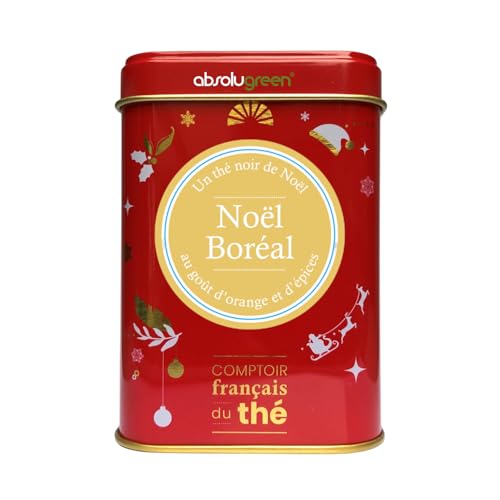 Noël Boréal – Comptoir Français du Thé – Boîte Métal 80g – Thé Noir de Noël Gourmand aux Notes d’Orange, d’Amande & d’Épices – Mélange Festif et Chaleureux, Idéal pour les Fêtes