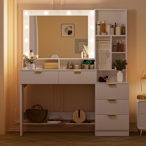 TRIUMPHKEY Dressing Table with Mirror and Lights,Vanity Desk with Drawers,Makeup Vanity with Open Shelves,Jewelry Hooks and Power Outlet for Bedroom,Modern (White) - Cosy Home Interiors TRIUMPHKEY Dressing Table with Mirror and Lights,Vanity Desk with Drawers,Makeup Vanity with Open Shelves,Jewelry Hooks and Power Outlet for Bedroom,Modern (White) - Image 8