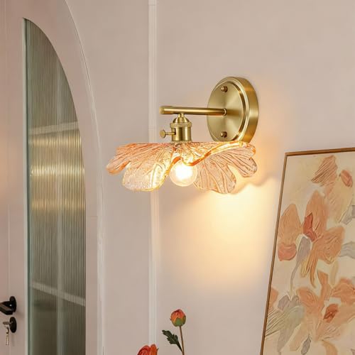 Image of Unique Wall Light Set of 2 with Amber Glass Petals Over Mirror | Vintage Wall Sconce Set of 2 Bathroom Vanity Lights, flower Glass Shade &Gold Brass E26 Base, Easy to install, For Hallway